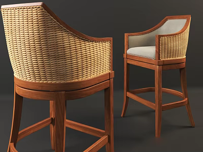 Classic Rattan Wicker Bar Stools With Wooden Frame And Upholstered Seat 3d model