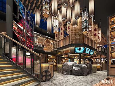 Modern Restaurant Interior Design With Hanging Lamps Staircase And Decorative Elements 3d model