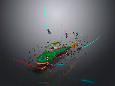 Small Characters With Glowing Weapons Near Green Creature Open Mouth And Colorful Light Beams 3d model
