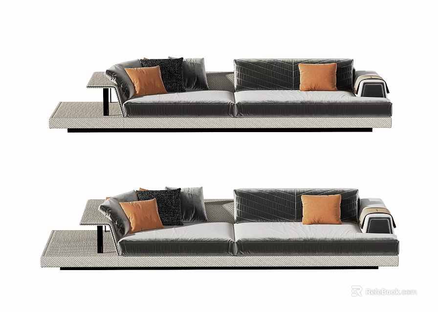 Modern Gray Sectional Sofa with Orange and Black Cushions and Side Table 3d model