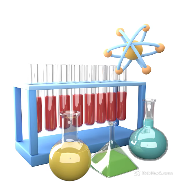 Laboratory Science Equipment With Test Tube Rack Colored Beakers And Atom Model 3d model 