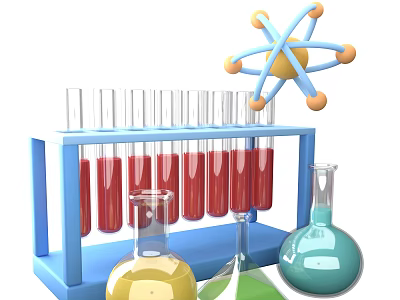 Laboratory Science Equipment With Test Tube Rack Colored Beakers And Atom Model 3d model