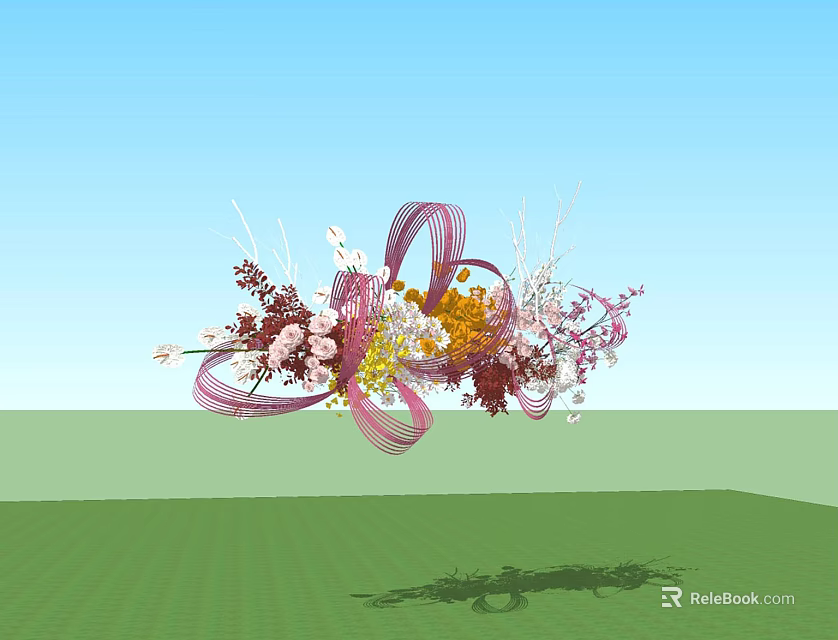 Floral Installation With Colorful Flowers Decorative Curved Lines And Natural Elements 3d model 