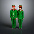 Two Individuals In Green Military Uniforms With Red Shoulder Patches And Caps