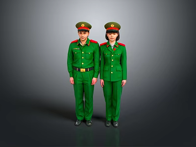 Two Individuals In Green Military Uniforms With Red Shoulder Patches And Caps 3d model