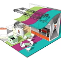 Modern Exhibition Booth Design With Colorful Curved Structures Reception Desk Display Shelves And Seating Area