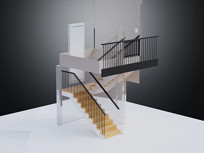 Modern Staircase Design With Golden Steps Black Railings And White Frame Structure 3d model