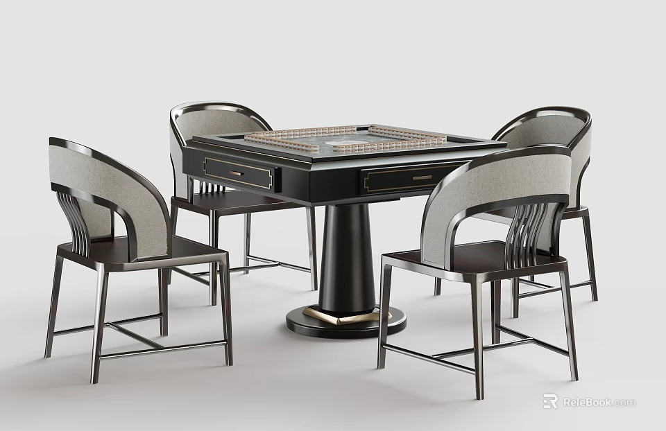 Modern Mahjong Table Set With Four Chairs And Black Metal Frame Design 3d model 