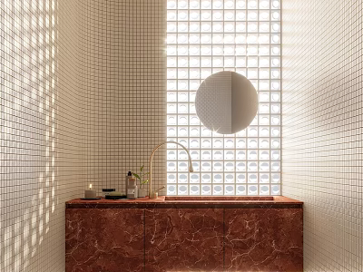 Modern Bathroom Vanity With Red Marble Countertop Round Mirror Gold Faucet And White Grid Tiles 3d model