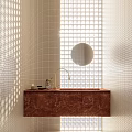 Modern Bathroom Vanity With Red Marble Countertop Round Mirror Gold Faucet And White Grid Tiles