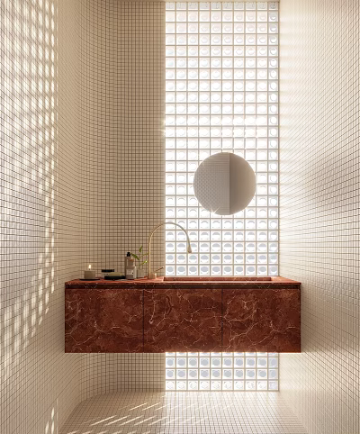 Modern Bathroom Vanity With Red Marble Countertop Round Mirror Gold Faucet And White Grid Tiles 3d model