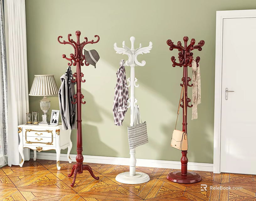 Wooden Vintage Standing Coat Racks With Multiple Hooks For Hanging Clothes Bags In Home Entrance 3d model 