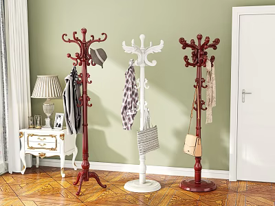 Wooden Vintage Standing Coat Racks With Multiple Hooks For Hanging Clothes Bags In Home Entrance 3d model