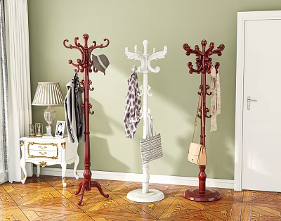 Wooden Vintage Standing Coat Racks With Multiple Hooks For Hanging Clothes Bags In Home Entrance 3d model