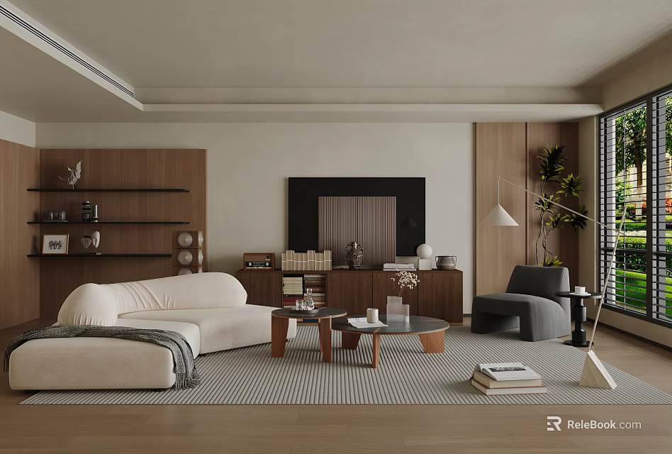 Modern Minimalist Living Room With White Sofa Wooden Coffee Table And Green Plant 3d model 