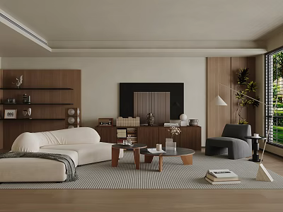 Modern Minimalist Living Room With White Sofa Wooden Coffee Table And Green Plant 3d model