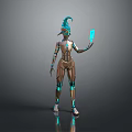 3D Rendered Sci Fi Game Character With Brown Blue Mechanical Armor And Blue Tablet