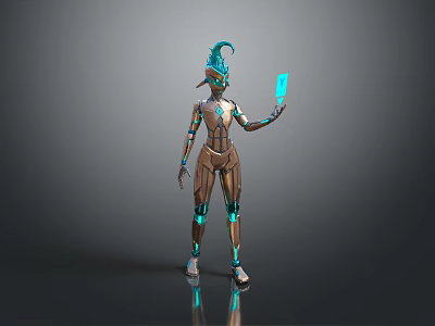 3D Rendered Sci Fi Game Character With Brown Blue Mechanical Armor And Blue Tablet 3d model