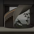 Modern Minimalist Spiral Staircase with White Railing Dark Steps and Green Plants