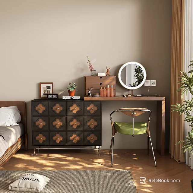 Stylish Bedroom Dressing Table With Round Mirror Decorative Cabinet And Green Chair 3d model 