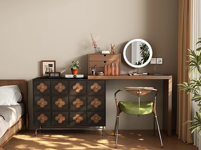 Stylish Bedroom Dressing Table With Round Mirror Decorative Cabinet And Green Chair 3d model
