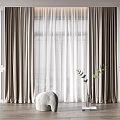 Elegant Layered Curtains Sheer Panels White Paneled Walls Wooden Floor Small Stool and Green Plant