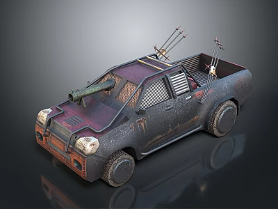 Post Apocalyptic Modified Truck With Rusty Exterior And Mounted Cannon Missile Launchers 3d model