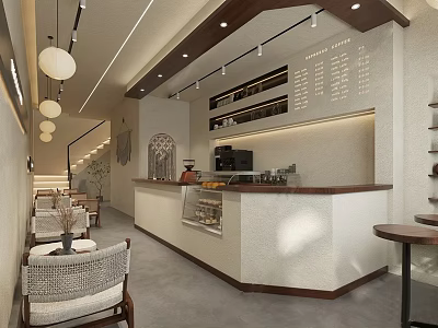 Modern Café Interior Design With Wooden Counter Seating Area Pendant Lights And Menu Board 3d model