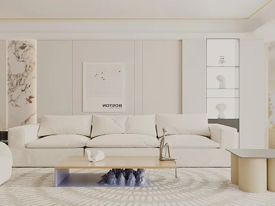 Minimalist Living Room Interior With Beige Sofa Coffee Table Decorative Painting And Display Cabinet 3d model
