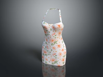 Stylish Halter Neck White Base Dress With Orange Green Floral Print 3d model