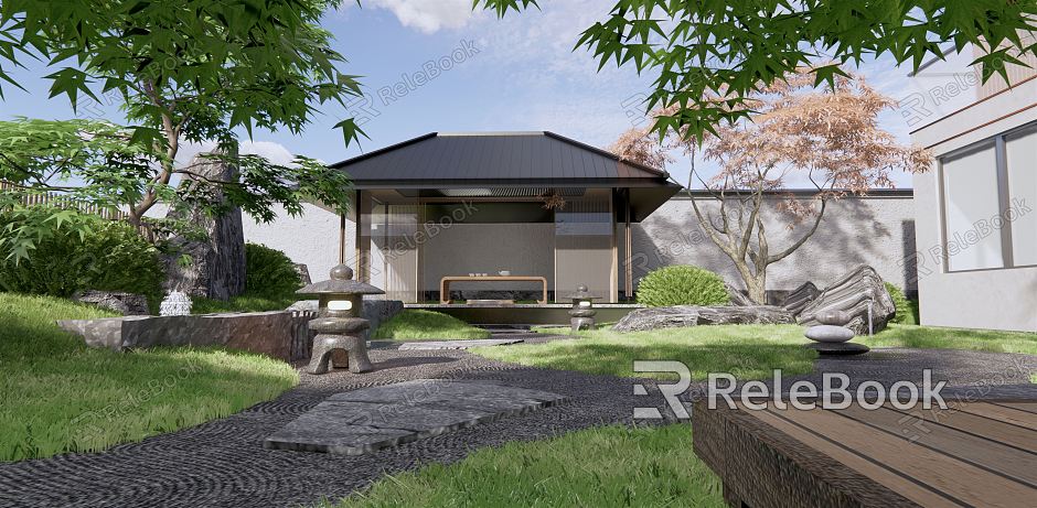 Japanese-style courtyard dry landscape courtyard garden pavilion tatami tea table landscape tree maple set stone landscape stone model