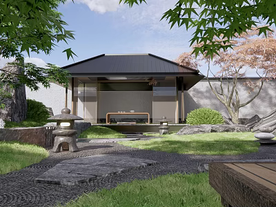 Traditional Karesansui Zen Garden With Mossy Stones Raked Gravel Pathways And Stone Lantern 3d model