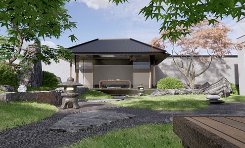 Japanese-style courtyard dry landscape courtyard garden pavilion tatami tea table landscape tree maple set stone landscape stone 3d model