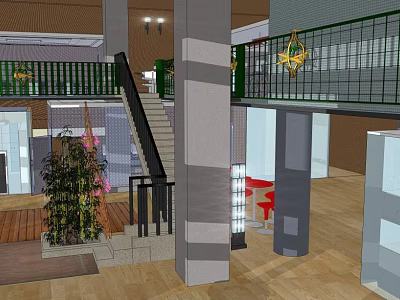 Modern Public Office Area With Open Layout Staircase And Green Plants 3d model
