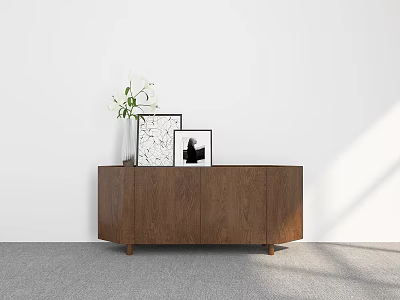 Brown Wooden Entryway Cabinet Sideboard With Vase Decorative Paintings White Wall Gray Floor 3d model