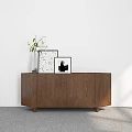 Brown Wooden Entryway Cabinet Sideboard With Vase Decorative Paintings White Wall Gray Floor