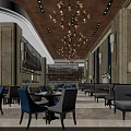 Luxurious Restaurant Interior With Chandeliers Blue And Beige Chairs Marble Walls And Large Windows