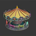 Vintage Carousel Structure With Red Yellow Striped Roof Decorative Railings And Colorful Horses