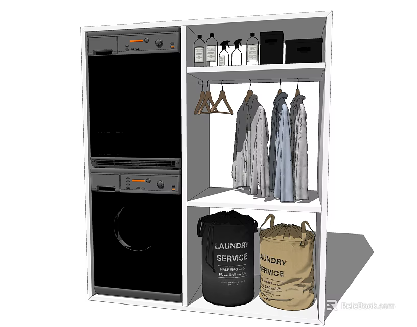 Laundry Room Design With Stackable Washing Machine Dryer Hanging Clothes Detergent Bottles And Baskets 3d model