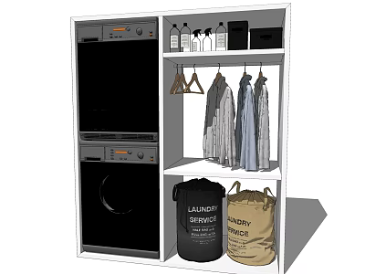 Laundry Room Design With Stackable Washing Machine Dryer Hanging Clothes Detergent Bottles And Baskets 3d model