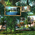 Garden Landscape With Vines Covered Tree Photo Frames Buildings Water Features And Flowers