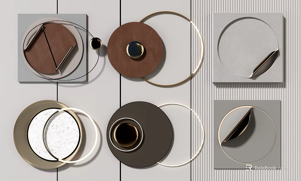 Modern Geometric Wall Decor With Round Square Shapes And Metallic Frames 3d model 
