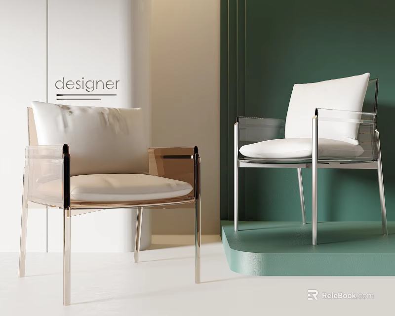 Designer Modern Single Chair With Transparent Frame And White Seat Cushion 3d model 