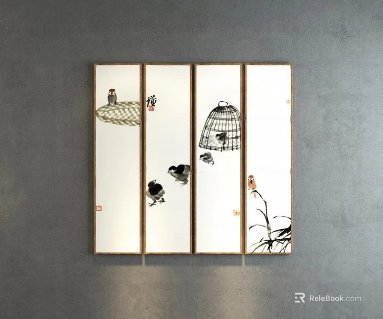 Traditional Chinese Ink Animal Paintings Featuring Birds Chicks And Birdcage Wall Art 3d model 