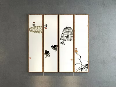 Traditional Chinese Ink Animal Paintings Featuring Birds Chicks And Birdcage Wall Art 3d model