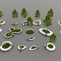 Diverse Shaped Urban Tree Planters Design With Trees Lawn Seats And Gray Pavement
