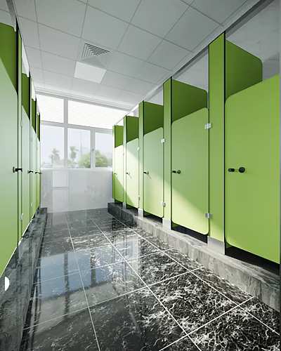 Public Toilet Interior With Green Partition Doors Black Marble Tiled Floor And Large Windows 3d model