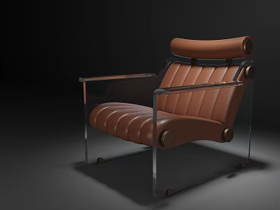 Brown Leather Leisure Chair With Metal Frame Armrests Stitched Cushion And Backrest 3d model