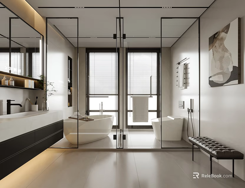 Modern Bathroom Interior Design With Glass Shower Enclosure Freestanding Bathtub Large Mirror And Window Blinds 3d model 