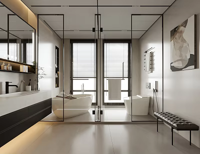 Modern Bathroom Interior Design With Glass Shower Enclosure Freestanding Bathtub Large Mirror And Window Blinds 3d model